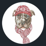 Festive Watercolor Pitbull Christmas Classic Round Sticker<br><div class="desc">Happy Howlidays! Add a festive accent to your cards,  invitations and envelopes with this customizable holiday sticker.  It features a watercolor pitbull wearing a knitted hat and scarf. Personalize this pitbull holiday sticker by adding your details. This dog Christmas sticker is available on other cardstock.</div>