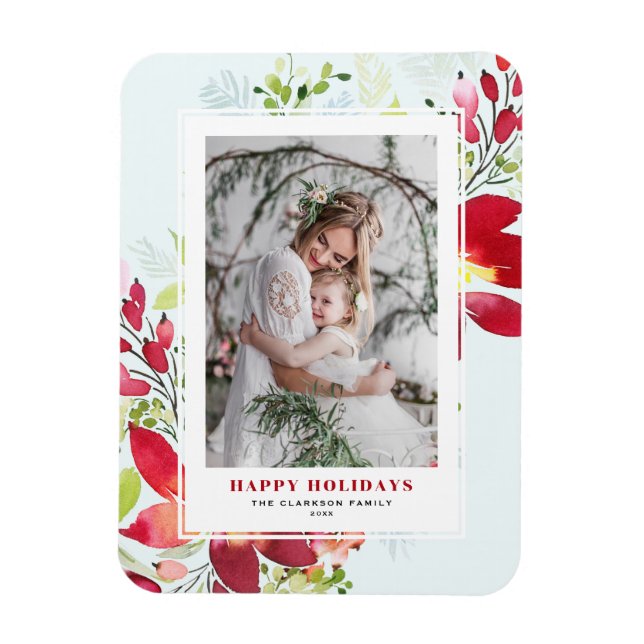 Festive Watercolor Poinsettia Photo Christmas Magnet (Vertical)