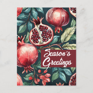 Festive Watercolor Pomegranate Fruit and Leaves Holiday Postcard