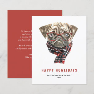 Festive Watercolor Pug Happy Howlidays Card