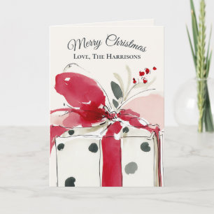Festive Watercolor Red Bow Polka Dot Gift Holiday Card