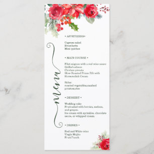 Festive Watercolor Rose Poinsettia Holiday Wedding Menu