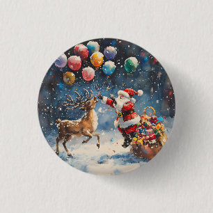 Festive Watercolor Santa Reindeer Colorful Balloon 1 Inch Round Button