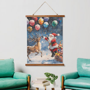 Festive Watercolor Santa Reindeer Colorful Balloon Hanging Tapestry
