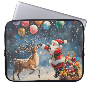 Festive Watercolor Santa Reindeer Colorful Balloon Laptop Sleeve
