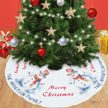 Festive Watercolor Snowman Custom Merry Christmas Brushed Polyester Tree Skirt<br><div class="desc">A festive Christmas tree skirt,  patterned with a watercolor-style picture of a snowman,  and 'Merry Christmas' in red script typography. Personalize with a name,  which will be displayed around the edge of the tree skirt.</div>