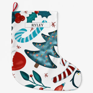 Festive Watercolor Winter Christmas Pattern Large Christmas Stocking