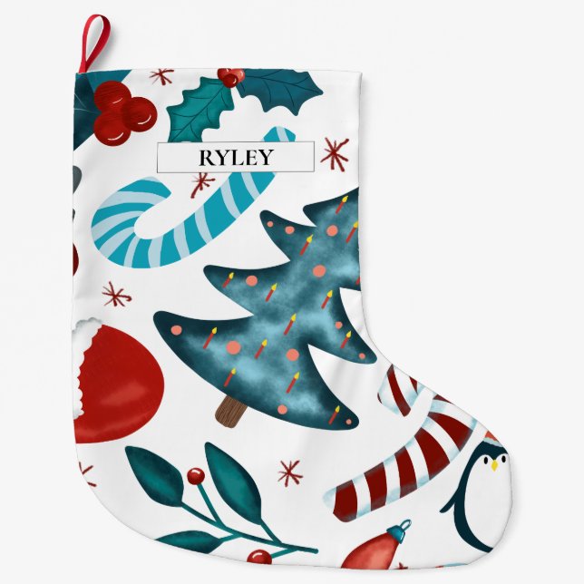 Festive Watercolor Winter Christmas Pattern Large Christmas Stocking (Front)