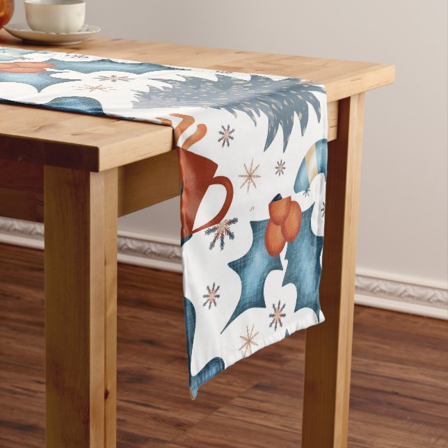 Festive Watercolor Winter Christmas Pattern Long Table Runner (In Situ)
