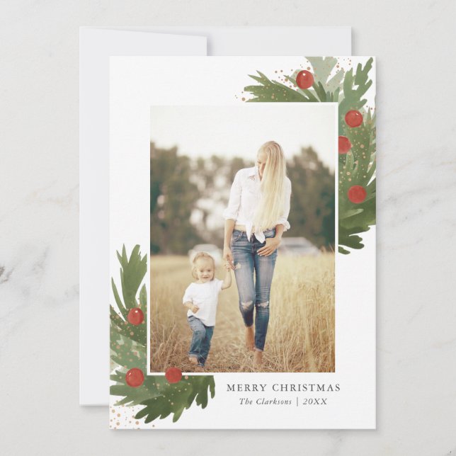 Festive Watercolor With Back- Christmas photo card (Front)