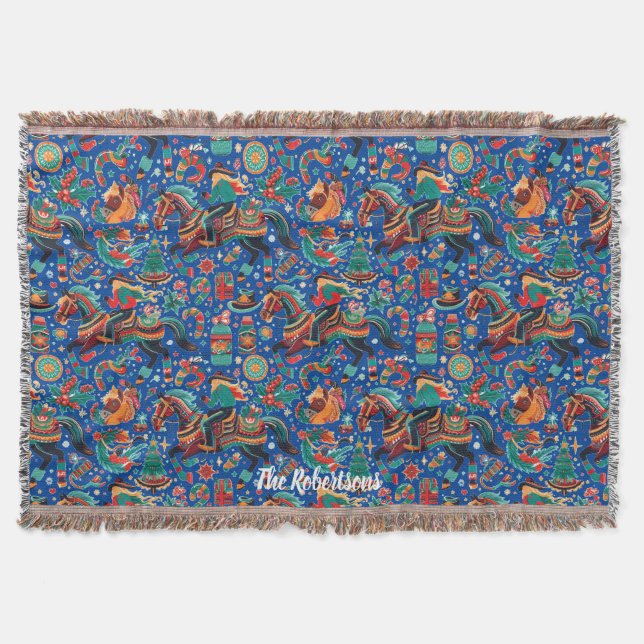 Festive Western Cowgirl Blue Christmas Throw Blanket (Front)