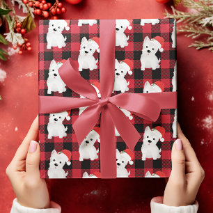 Festive Westie Santa Hat Buffalo Plaid Design Wrapping Paper