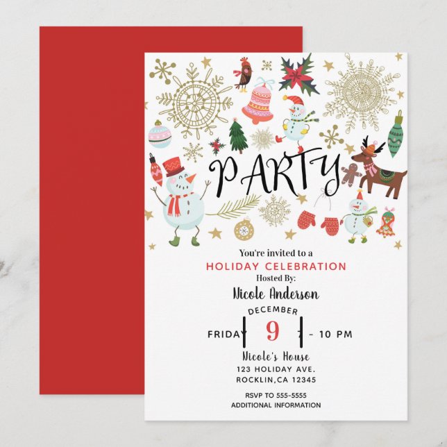Festive Whimsical Cute Christmas Holiday Party Invitation (Front/Back)