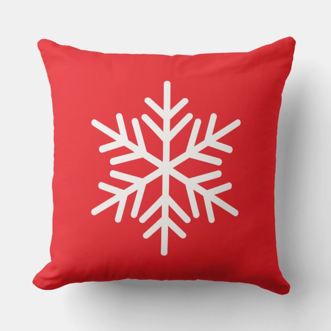 Festive White Alpine Snowflake On Christmas Red Throw Pillow (Front)