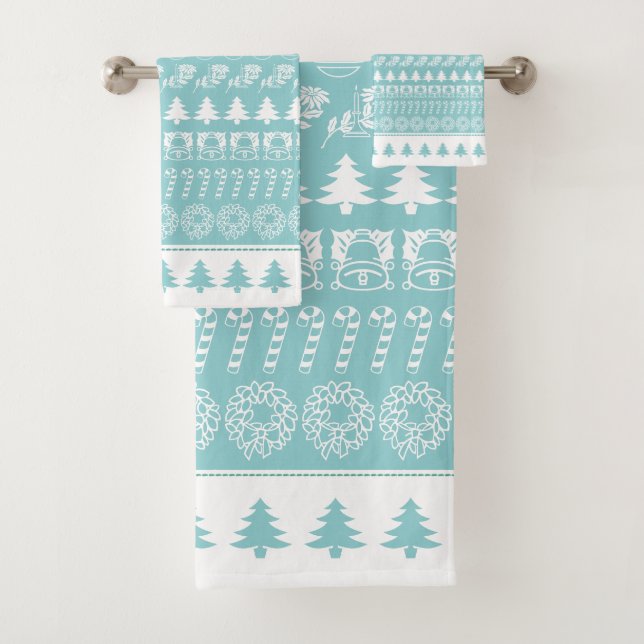 Festive White/Aqua Christmas Iconic Pattern Bath Towel Set (Insitu)