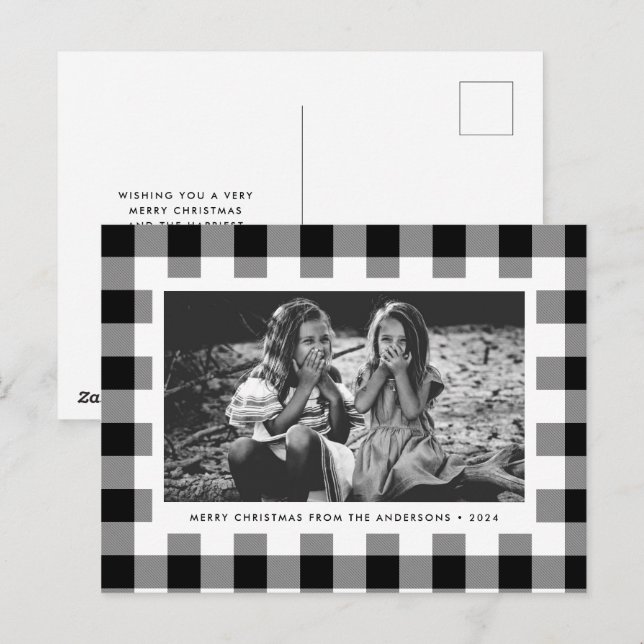 Festive White Buffalo Plaid Single Photo Christmas Postcard (Front/Back)