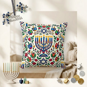 Festive White Folk Menorah Dreidel Throw Pillow