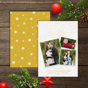 Festive White Gold 3 Photo Christmas Foil Holiday Card
