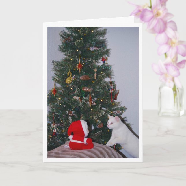 Festive White Kitten and Santa Portrait Card (Orchid)