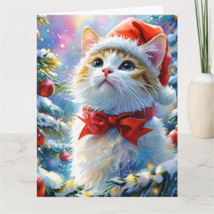 Festive White Kitten in a Santa Hat Card