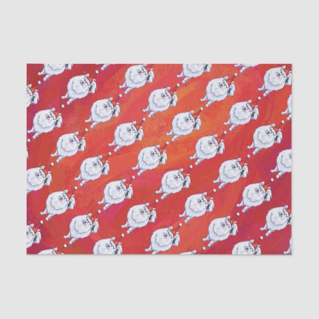 Festive White Pomeranian Pup Pattern on Red Tissue Paper (Front)
