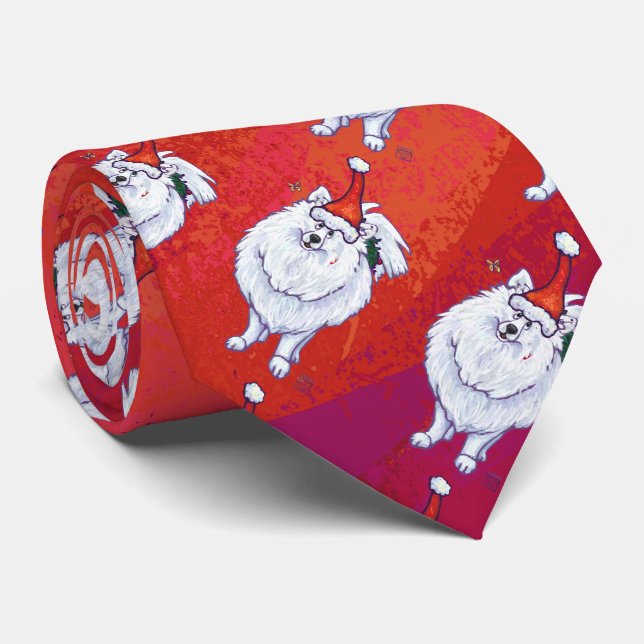 Festive White PomPom Pup on Red Tie (Rolled)