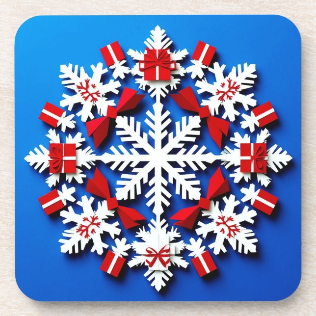Festive White Snowflake With Red Gift Coaster (Front)