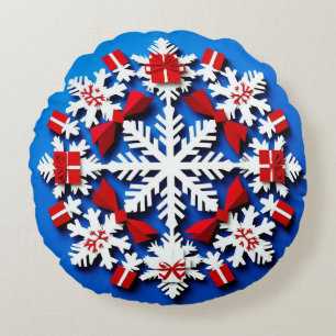Festive White Snowflake With Red Gift Round Pillow