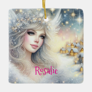 Festive White Watercolor Ethereal Frost Snow Angel Ceramic Ornament