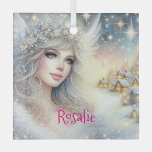 Festive White Watercolor Ethereal Frost Snow Angel Glass Ornament