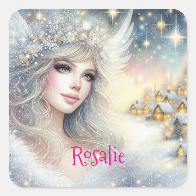 Festive White Watercolor Ethereal Frost Snow Angel Square Sticker (Front)