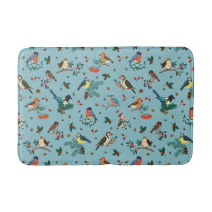 Festive Winter Birds Christmas Pattern Bath Mat