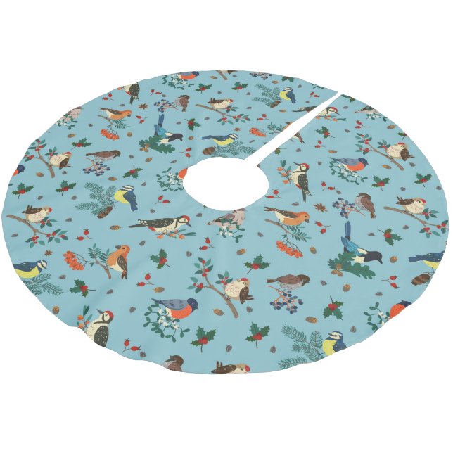 Festive Winter Birds Christmas Pattern Brushed Polyester Tree Skirt (Angled)