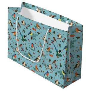 Festive Winter Birds Christmas Pattern Large Gift Bag