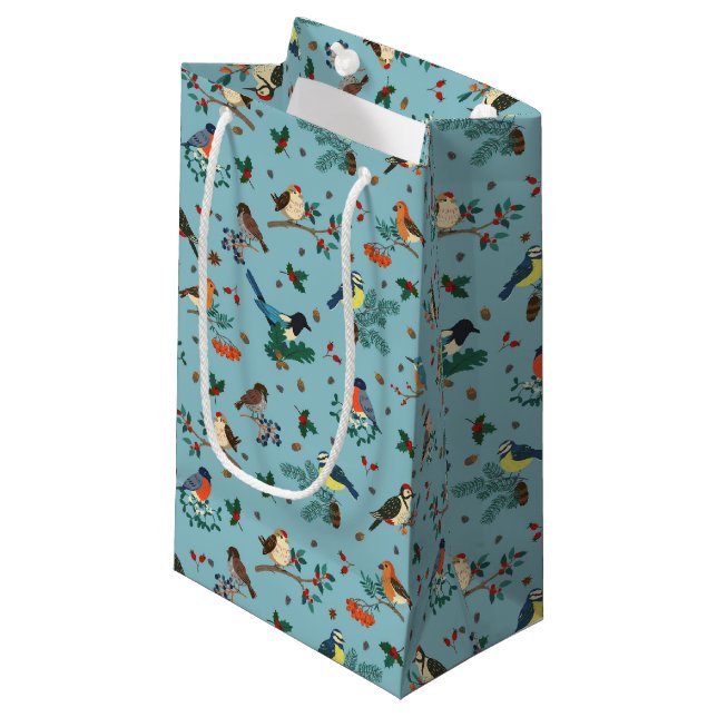 Festive Winter Birds Christmas Pattern Small Gift Bag (Front Angled)