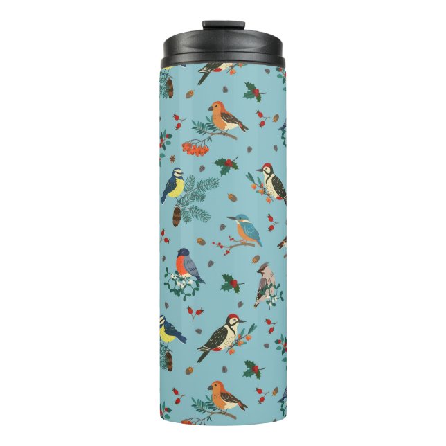 Festive Winter Birds Christmas Pattern Thermal Tumbler (Front)