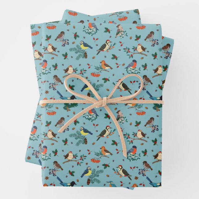 Festive Winter Birds Christmas Pattern Wrapping Paper Sheet (In situ)
