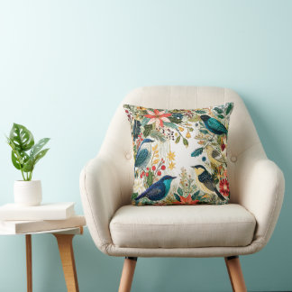 Festive Winter Birds Throw Pillow