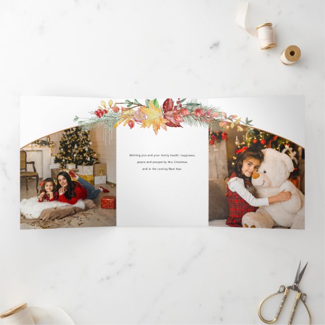Festive Winter Botanical Calligraphy Photo Tri-Fold Card (Inside)