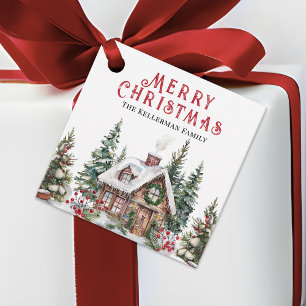 Festive Winter Cabin Watercolor Christmas Favour Tags