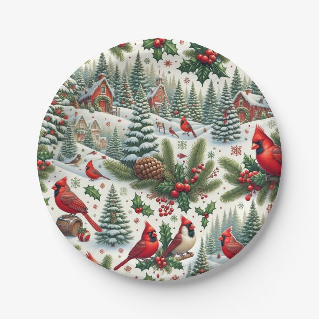 Festive Winter Cardinals Paper Plate (Front)