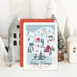 Festive Winter Christmas Town/Village  Holiday Card<br><div class="desc">This cute Christmas holiday card features a Christmas town/village with people, houses, a church, trees, a car with a christmas tree on top, and a skating rink. The reverse side features a red background with white snow patterns. Personalize it for your needs. You can find matching products at my store....</div>