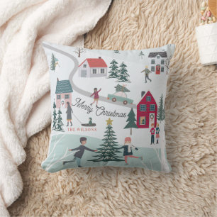Festive Winter Christmas Town/Village Holiday Throw Pillow
