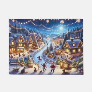 Festive Winter Christmas Village Night Doormat