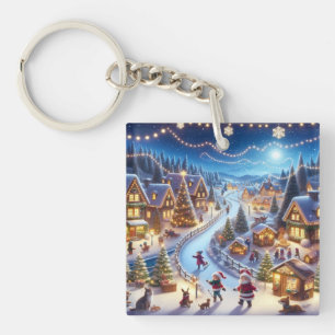 Festive Winter Christmas Village Night Keychain