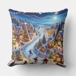 Festive Winter Christmas Village Night Throw Pillow