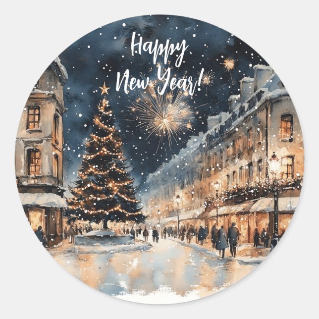 Festive Winter Cityscape with Fireworks  Classic Round Sticker (Front)