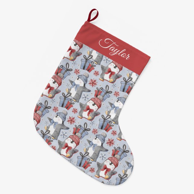 Festive Winter Dancing Penguins Large Christmas Stocking (Front (Hanging))