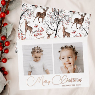 Festive Winter Deer Pattern Two Photo Foil Holiday Card