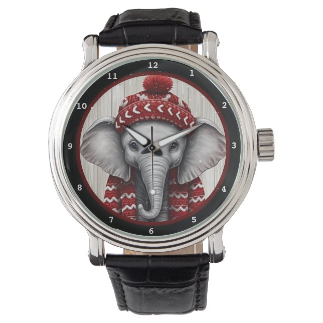 Festive Winter Elephant Wearing Cozy Hat Watch (Front)